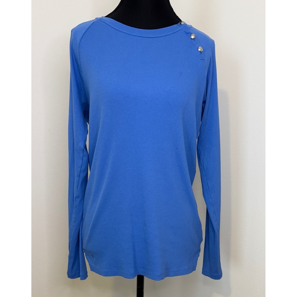 Ralph Lauren Blue Ribbed Long Sleeve Top Silver Button Shoulder Raglan RL Logo